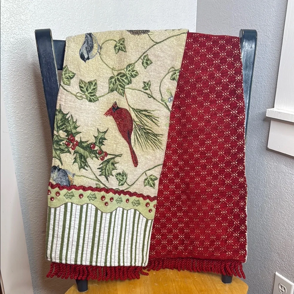 Table Runner Holiday Christmas Cardinal Bird Fringe Cottagecore Farmhouse Decor